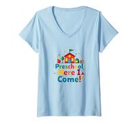 Scuola prescolare Here I Come! Scuola Colorata Avventura Maglietta con Collo a V, Donna, Celeste, L