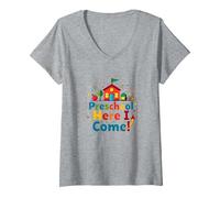Scuola prescolare Here I Come! Scuola Colorata Avventura Maglietta con Collo a V, Donna, Grigio Melange, M