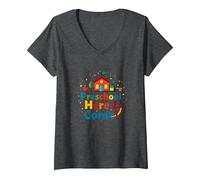 Scuola prescolare Here I Come! Scuola Colorata Avventura Maglietta con Collo a V, Donna, Grigio Scuro, XL