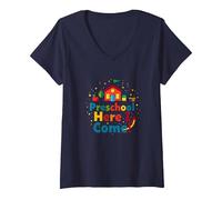 Scuola prescolare Here I Come! Scuola Colorata Avventura Maglietta con Collo a V, Donna, Navy, L
