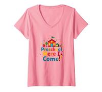 Scuola prescolare Here I Come! Scuola Colorata Avventura Maglietta con Collo a V, Donna, Rosa, XL