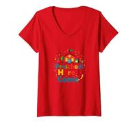 Scuola prescolare Here I Come! Scuola Colorata Avventura Maglietta con Collo a V, Donna, Rosso, XXL