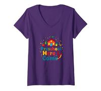 Scuola prescolare Here I Come! Scuola Colorata Avventura Maglietta con Collo a V, Donna, Viola, XXL