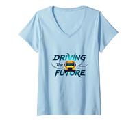 Scuolabus Driver Driving The Future Inspirational Citazione Maglietta con Collo a V, Donna, Celeste, M