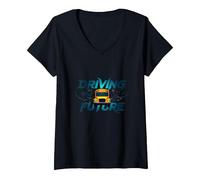 Scuolabus Driver Driving The Future Inspirational Citazione Maglietta con Collo a V, Donna, Nero, M