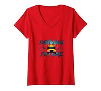 Scuolabus Driver Driving The Future Inspirational Citazione Maglietta con Collo a V, Donna, Rosso, XL