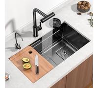 SdaryWare Lavello da Cucina in Acciaio Inox con Rubinetto a Cascata e doccetta Estraibile - Postazione di Lavoro a Vasca Singola Nera 75x45x20 cm Include numerosi Accesso,Black-72x45x20cm
