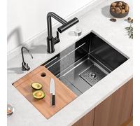 SdaryWare Lavello da Cucina in Acciaio Inox con Rubinetto a Cascata e doccetta Estraibile - Postazione di Lavoro a Vasca Singola Nera 75x45x20 cm Include numerosi Accesso,Black-65x45x20cm