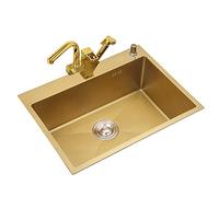 SdaryWare Lavello Nano Gold Lavello in Acciaio Inox 304 Lavello Singolo Grande Piccolo Lavello Domestico Manuale Cestello di Scarico Retrattile Multifunzionale,Gold-60 * 45cm