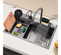 SDdPulse Lavello da cucina a vasca singola, cascata Raindance a temperatura controllata, goccia in alto o sotto il montaggio in acciaio inox, kit per lavello per postazione di lavoro, colore acciaio