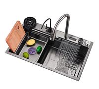 SDdPulse Lavello da cucina a vasca singola nero lavello a goccia nella parte superiore o sotto il montaggio in acciaio inox cascata Raindance kit per lavello a temperatura controllata a cascata, nero