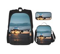 SDEGTHO Airplane In The Evening Light Bookbag Set include zaino di grande capacità, contenitore per il pranzo e astuccio 3 pezzi, Nero, One Size