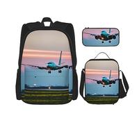SDEGTHO Airplane In The Evening Lights Bookbag Set include zaino di grande capacità, portapranzo e astuccio 3 pezzi, Nero, One Size