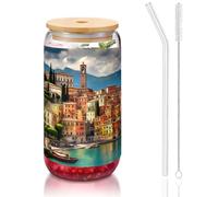 SDEGTHO Bella Italia che stampa le tazze di vetro con i coperchi e la paglia di vetro 16oz beventi tazze di vetro per caffè, tè, soda