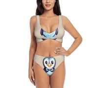 Sdegtho Costume da bagno a due pezzi con stampa pinguino carino da donna torsione anteriore a vita alta bikini costume da bagno imbottito, nero, M