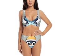 Sdegtho Costume da bagno a due pezzi con stampa pinguino e vita alta, da donna, con stampa a torsione sul davanti, costume da bagno imbottito, nero, XL