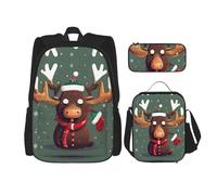 SDEGTHO Divertente set di 3 borse per libri con testa di alce natalizia, include zaino di grande capacità, portapranzo e astuccio, set da 3 pezzi, Nero, One Size