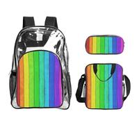 SDEGTHO Pacchetto di borse scolastiche trasparenti stampate con sfondo in legno colorato arcobaleno, manico robusto, set da 3 pezzi, approvato per eventi stadio e concerti