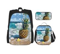 SDEGTHO Pineapple By The Sea - Set di 3 borse per libri con zaino di grande capacità, portapranzo e astuccio, set da 3 pezzi, Nero , Taglia unica