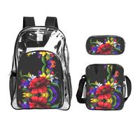 SDEGTHO Set di 3 borse da scuola trasparenti con stampa floreale primaverile colorata, manico robusto, set da 3 pezzi, approvato per eventi e concerti allo stadio