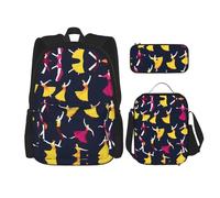 SDEGTHO Set di 3 borse per libri con motivo danza da sala da ballo, include zaino di grande capacità, portapranzo e astuccio, set da 3 pezzi, Nero, One Size
