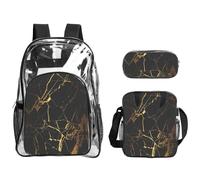 SDEGTHO Set di 3 zaini per la scuola trasparenti stampati con texture in marmo dorato 3D, manico robusto, set da 3 pezzi, approvato per eventi e concerti allo stadio