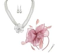 SDFWGG 4 Pezzi Set Gioielli Perle Donna con Capelli Fiore e Piume Parure Collana Orecchini Set Gioielli Vintage Perle Accessori Anni 20 Donna per Ballo Festa