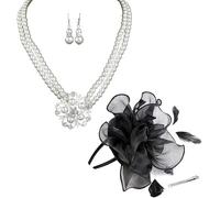 SDFWGG 4 Pezzi Set Gioielli Perle Donna con Capelli Fiore e Piume Parure Collana Orecchini Set Gioielli Vintage Perle Accessori Anni 20 Donna per Ballo Festa