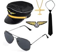 SDFWGG Set Costume da Pilota con Cappello da Capitano, Occhiali Aviatore, Cravatta, Ciondolo Aereo e Distintivi per Cosplay e Feste a Tema