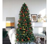 SDGBCXD Albero di Natale, con luci LED a 8 funzioni, Rami in PE+PVC, Bacche Rosse, pigne e Puntale a Forma di Stella - Seduta in Metallo(6ft/180cm)