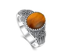 SDGBCXD Anello con gemma， Anello in argento sterling 925 con pietra preziosa marrone e nome personalizzato, anello retrò mistico con occhio di tigre