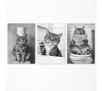 sdgobvco Set di 3 divertenti poster da parete in tela per il bagno con gatti in bianco e nero, simpatico gatto che legge giornale sul WC con spazzolatura dei denti, decorazione da parete per camera