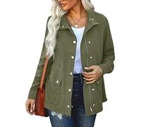 SDGR - Cappotto da donna, in cotone, stile militare, per mezza stagione, primavera, casual, con tasche, parka, giacca, sahara, sportivo, con cerniera, giacca casual, abbigliamento sportivo, A Esercito