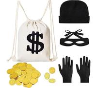 Sdhgerh Costume da rapinatore da banca per uomini e bambini, costume da criminale con maschera per gli occhi, monete d'oro, borsa per dollari, cappello e guanti per carnevale Halloween e feste a tema