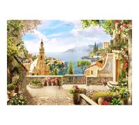 SDOTPMT 1,5x1m Balcone Giardino Sfondo Europeo Vintage Architettura Chiesa Villaggio Sfondo per la sposa Doccia Stendardo Partito Decor Matrimonio Balcone aereo Overlook Città Photo Booth Prop