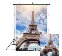 SDOTPMT 1,5x2,2m Parigi Torre Eiffel Sfondo Europa Francia Città Eminente Edificio Torre di Parigi Blu Cielo Whlite Nuvole Scenario Sfondo Matrimonio Compleanno Banner Photo Booth Wall Decor