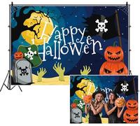 SDOTPMT 1.8x1.2m Felice sfondo di Halloween Cartone animato Luna piena Zombie mani Jack - o '- lanterne Crossbones del cranio su Tombstone sfondo fotografico per festeggiare arredamento giocoso
