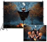 SDOTPMT 1.8x1.2m Scary Scarecrow Halloween sfondo Jack - o '- testa di lanterna Luna piena Autunno Alberi Tombstones Nebbia Zucche Cranio Fotografia sfondo per festeggiare Festival Spooky Deco