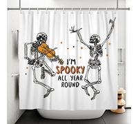 SDOTPMT 105x160cm Divertente Umano Scheletro Tenda da doccia Ama la musica Suonare la chitarra Ballando Sinistro Cranio Tenda da bagno Halloween Bianco Tenda da vasca Poliestere con ganci