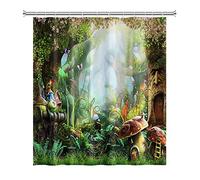 SDOTPMT 105x160cm Fiaba Fungo Tenda da Doccia - Magia Fantasia Forestale Giungla Albero Verde Prato Pianta Foglia Floreale per Bagno - Poliestere con Ganci