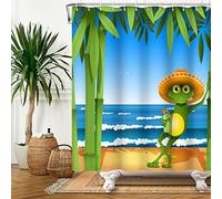 SDOTPMT 105x160cm Rana Tenda da doccia Carina Buffo Rana con Cappello Estate Spiaggia Bambù Verde Foglie Blu Oceano Onda Tenda da vasca per bambini Bagno Poliestere Impermeabile con ganci