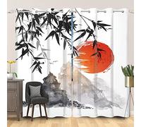 SDOTPMT 107x215cm Giapponese Classico Inchiostro Pittura Tenda della finestra Monte Fuji Rosso Sole Bambù Foglie Tende per finestre Orientale Tradizionale Tende opache Camera da letto, 2 Pannelli