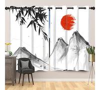SDOTPMT 107x245cm Giapponese Pittura a inchiostro Classico Tenda per finestra Bambù Foglie Monte Fuji Rosso Sole Orientale Tradizionale Tende oscuranti per il soggiorno Camera da letto, 2 pannelli