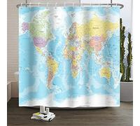 SDOTPMT 122x183cm Mondo Carta geografica Tenda da doccia Paesi e Città Geografia Educativo Tenda da bagno per bambini Blu Oceano Continenti Tenda da doccia Tessuto Impermeabile per Bagno con ganci