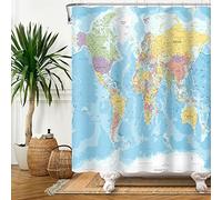 SDOTPMT 152x183cm Mondo Carta geografica Tenda da doccia Paesi e Città Geografia Educativo Tenda da bagno per bambini Blu Oceano Continenti Tenda da doccia Tessuto Impermeabile per Bagno con ganci