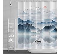 SDOTPMT 152x183cm Montagna Paesaggio Tenda da doccia Lago Di legno Barca Sole rosso Selvaggio Oca Natura Scenario Nebbioso Pittura ad olio per ragazzo Tenda bagno per l'arredo del bagno con ganci