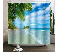 SDOTPMT 165x180cm Oceano Spiaggia Doccia Tenda Blu Sole Tropicale Sabbia Mare Onda Plam Bagno Tenda Bella Scena Mare Tessuto Poliestere Impermeabile Tenda da bagno con ganci