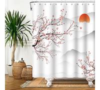 SDOTPMT 165x180cm Tenda da doccia asiatica in fiore di ciliegio Tenda giapponese della vasca da bagno del ramo del fiore di pesca del Monte Fuji Sunrise Mist tenda da bagno per bagno Decor