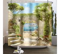 SDOTPMT 180x198cm Giardino Arco Porta Doccia Tenda Verde Foglie Seaside Scenery Vasca da bagno Tenda 3D Stampa Vasca da bagno Tenda per le donne Bagno Decor Durevole e Lavabile con ganci