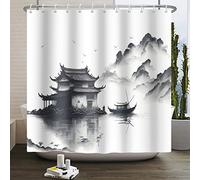 SDOTPMT 180x198cm Lago Mountain Doccia Tenda Smokey Mountain Boat Wild Nature Vasca bagno Campagna Paesaggio Foto Artwork Tenda da bagno per la decorazione del bagno con ganci